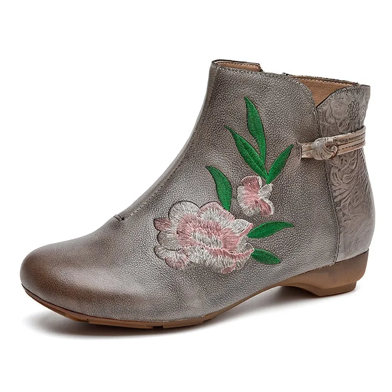 Women's Genuine Leather Chelsea Boots With Embroidery Flowers in Gray