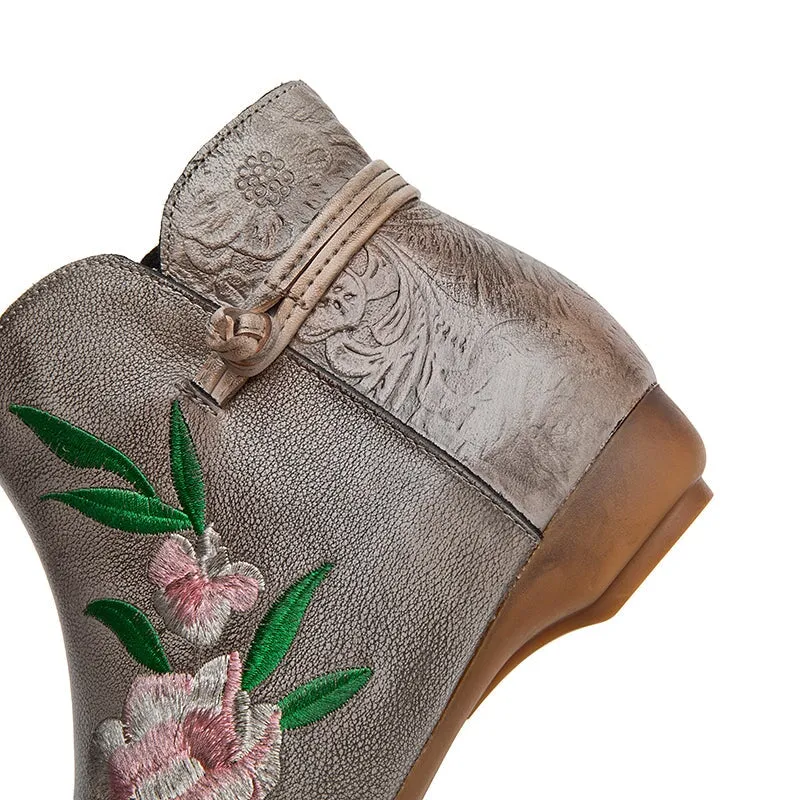 Women's Genuine Leather Chelsea Boots With Embroidery Flowers in Gray