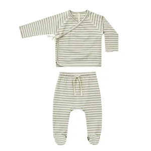 Wrap Top & Footed Pant Set - Sage Stripe